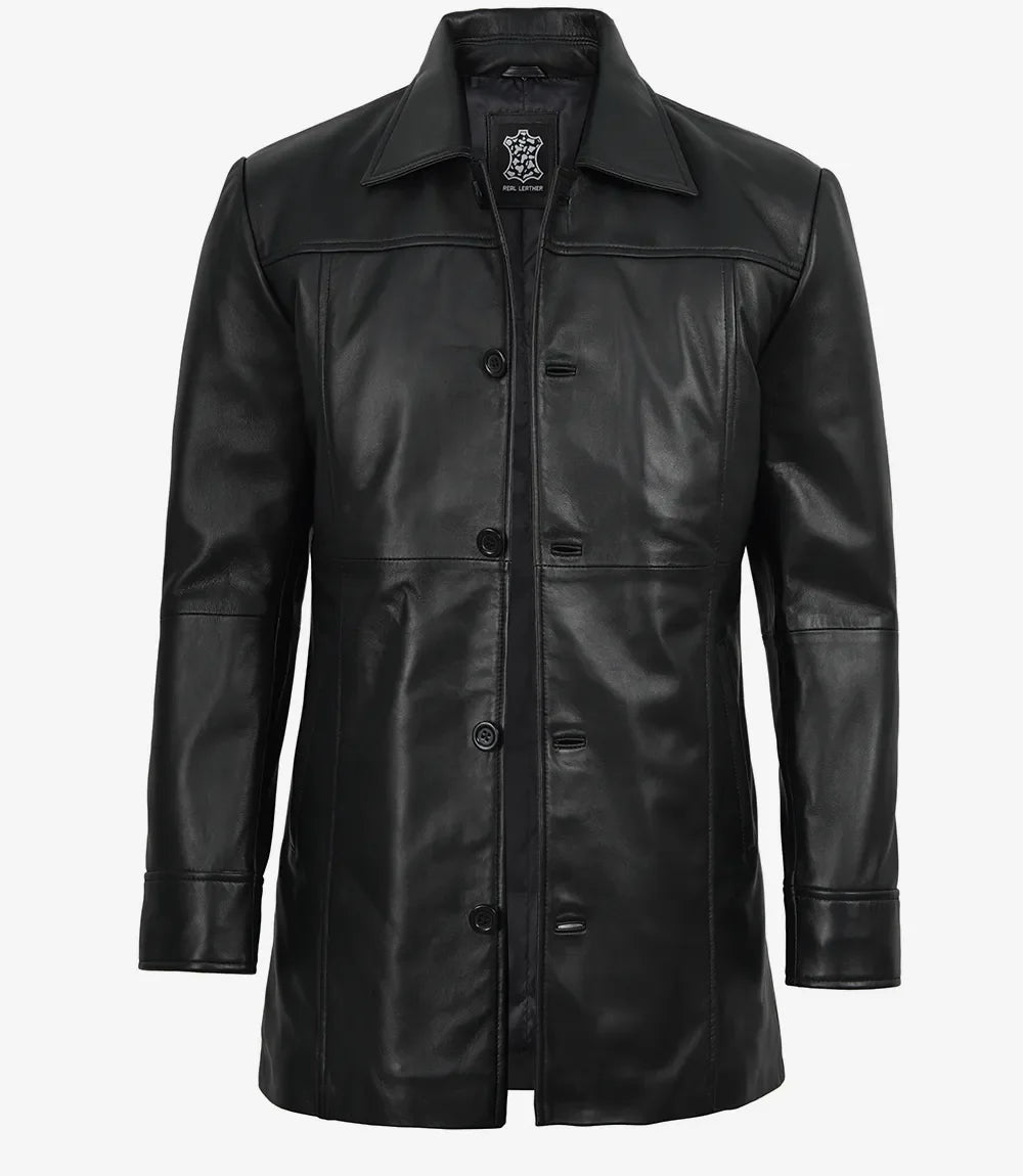 Men's Black 3/4 Length Button Down Leather Coat