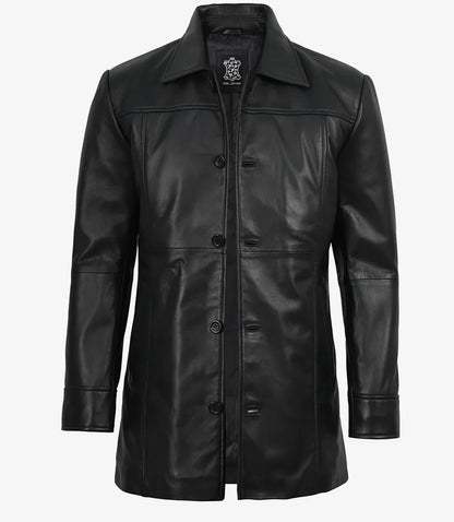 Men's Black 3/4 Length Button Down Leather Coat