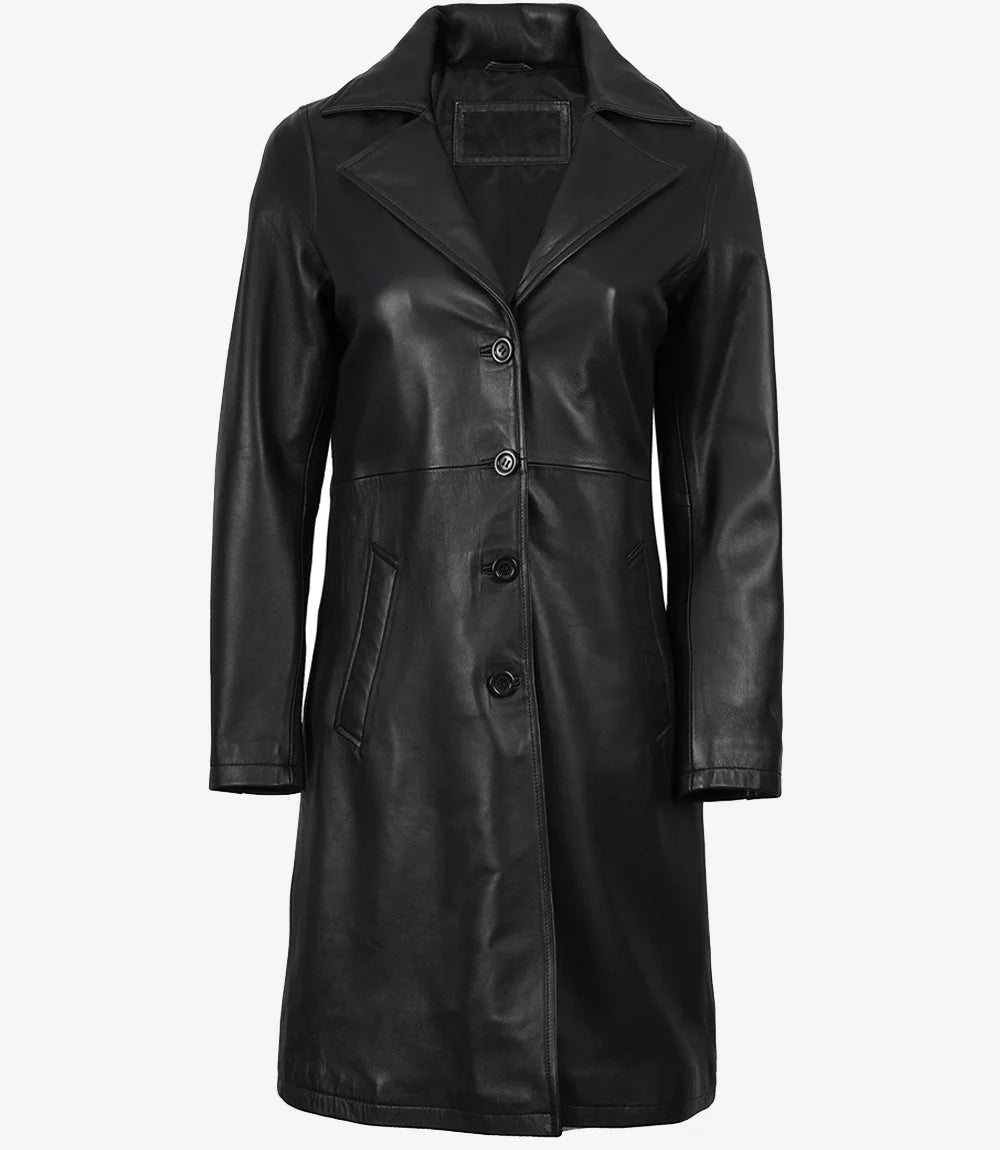 Women's Long Black Leather Car Coat - Notch Lapel