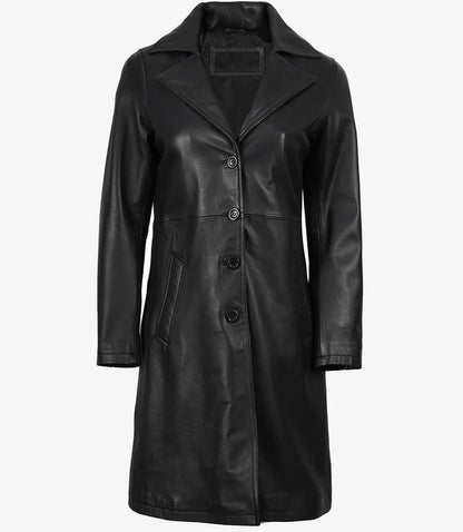 Women's Long Black Leather Car Coat - Notch Lapel