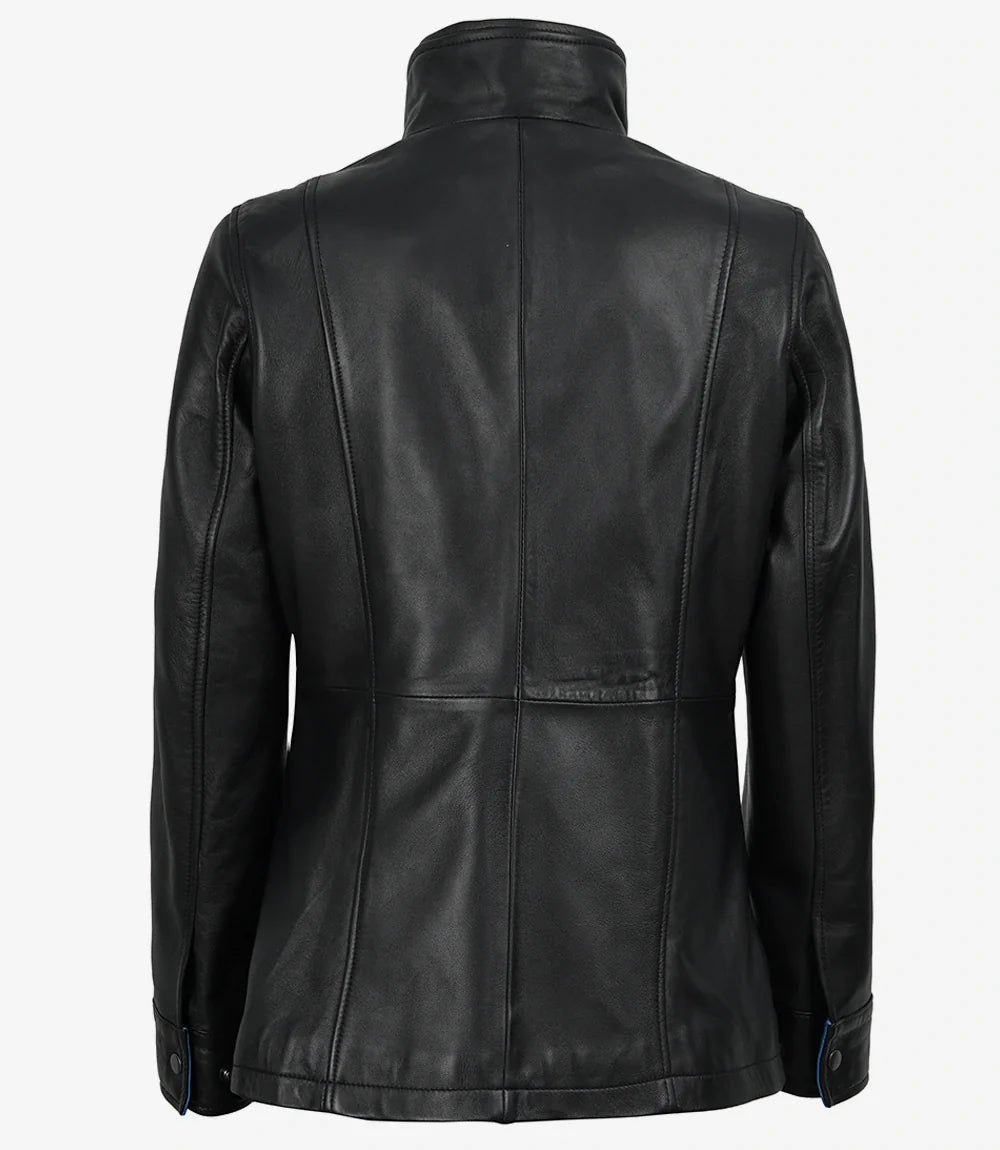 Erin Women's Black Leather Jacket with Blue Inner Lapel