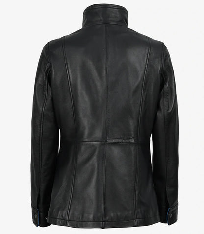 Erin Women's Black Leather Jacket with Blue Inner Lapel