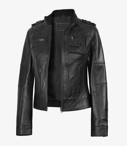 Womens Black Leather Moto Jacket - Classic Biker Style