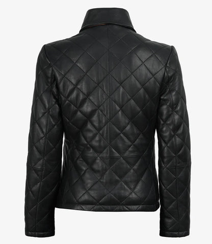 Women's Black Diamond Quilted Leather Jacket with Brown Trim