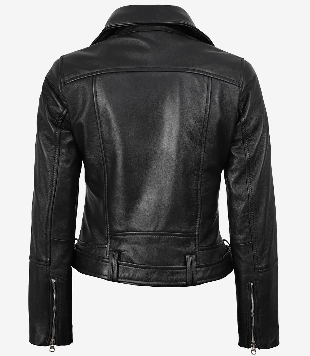Womens Asymmetrical Black Leather Belted Biker Style Jacket