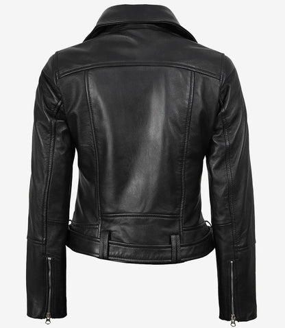 Womens Asymmetrical Black Leather Belted Biker Style Jacket
