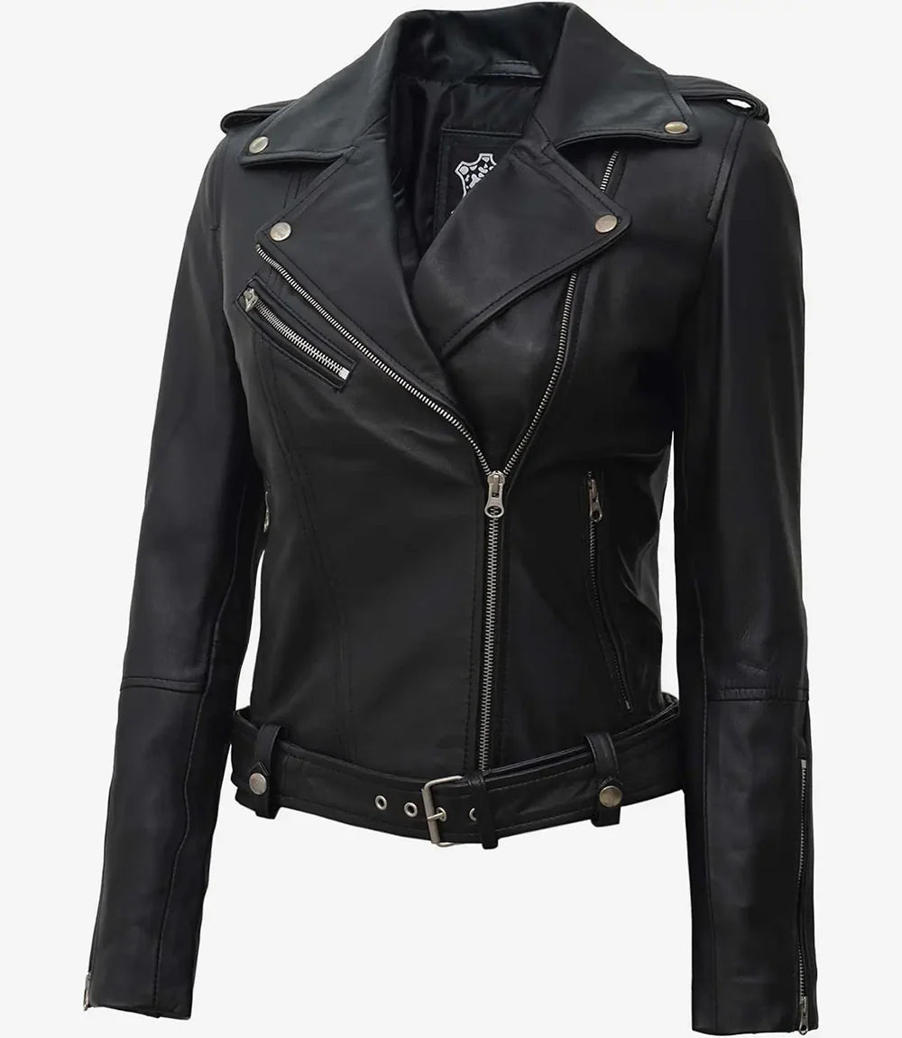Margaret Womens Asymmetrical Black Biker Leather Jacket With Belt