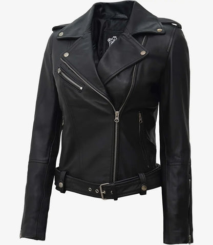 Margaret Womens Asymmetrical Black Biker Leather Jacket With Belt