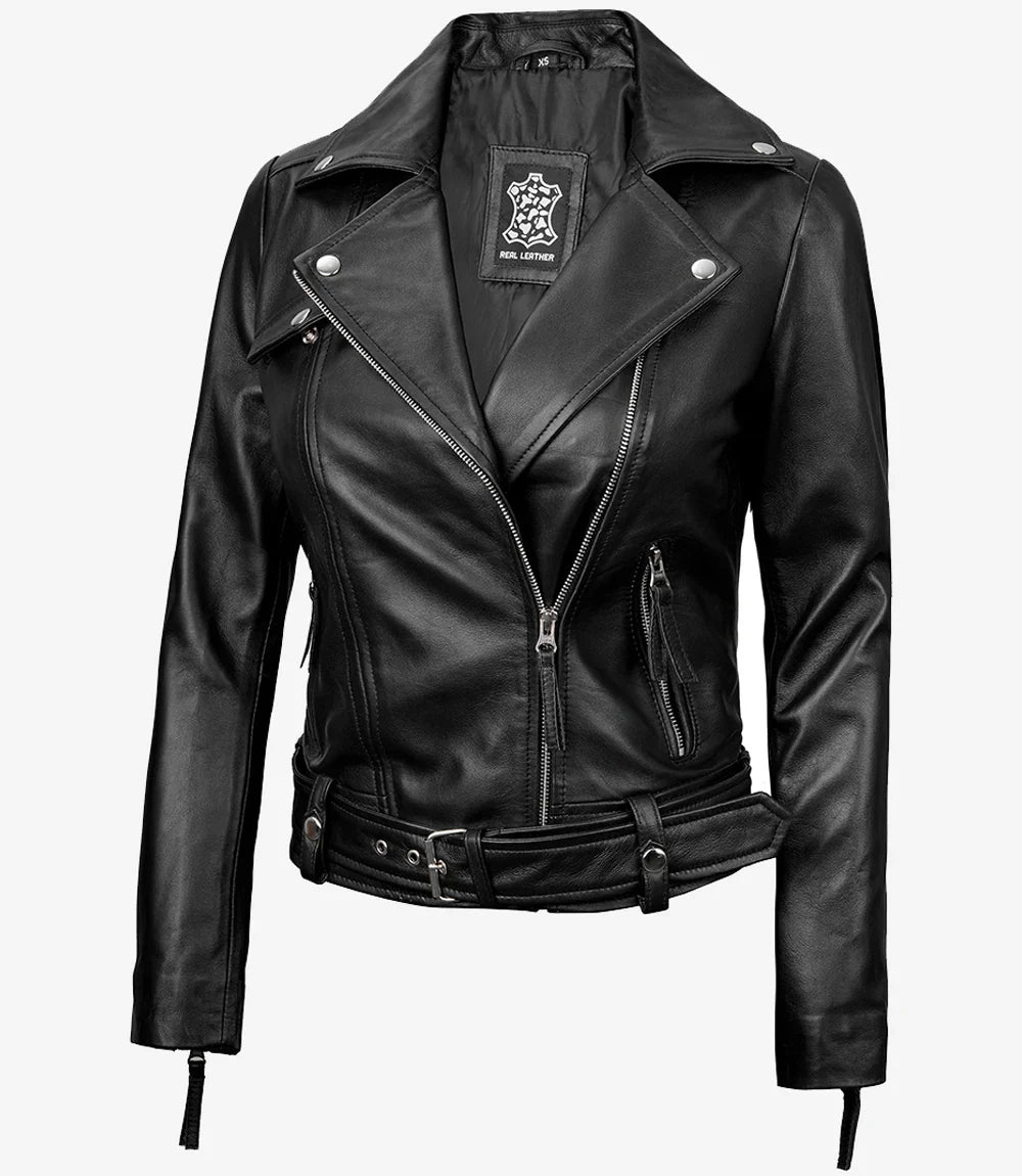 Women's Black Asymmetrical Leather Biker Style Jacket