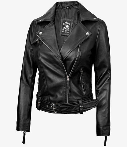 Women's Black Asymmetrical Leather Biker Style Jacket