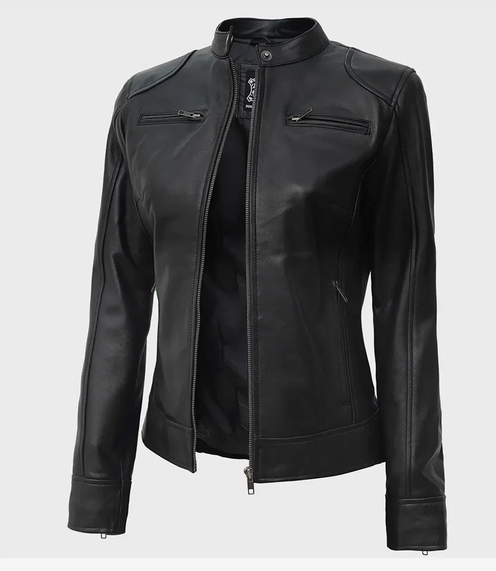 Womens Tall Black Biker Style Leather Jacket