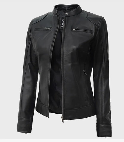 Womens Tall Black Biker Style Leather Jacket