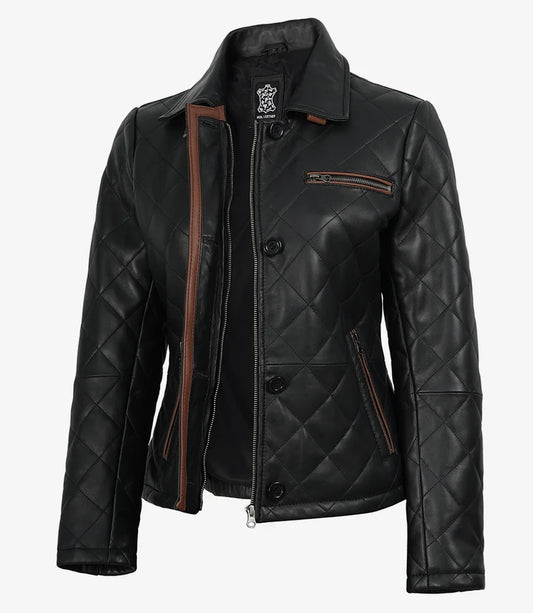 Women's Black Diamond Quilted Leather Jacket with Brown Trim