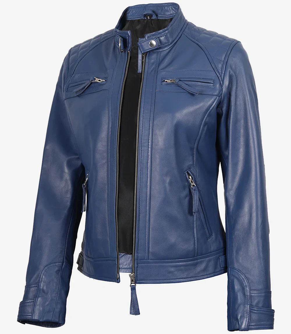 Women's Real Lambskin Leather Blue Quilted Biker Style Jacket