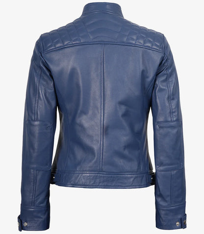 Women's Real Lambskin Leather Blue Quilted Biker Style Jacket