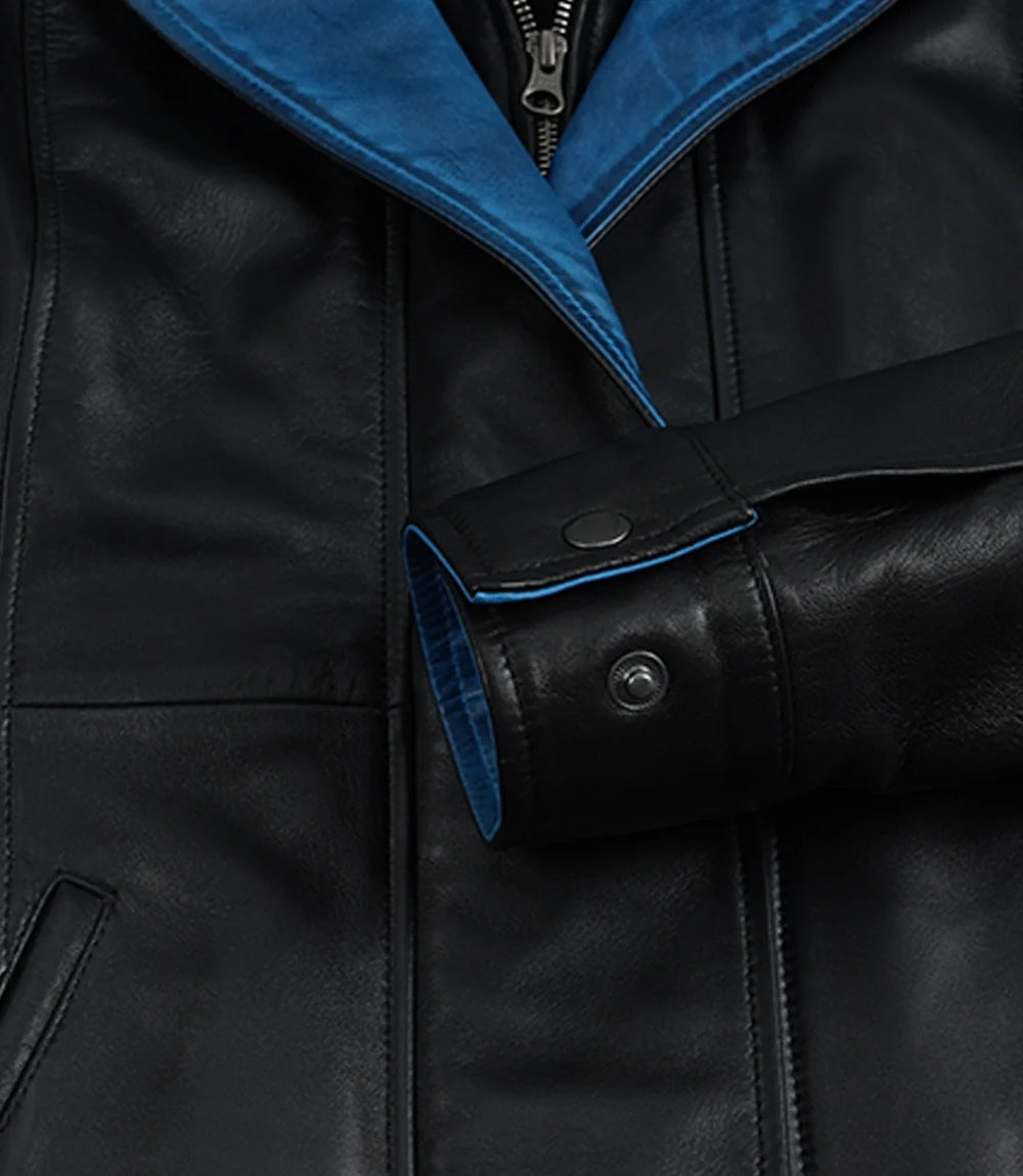 Erin Women's Black Leather Jacket with Blue Inner Lapel