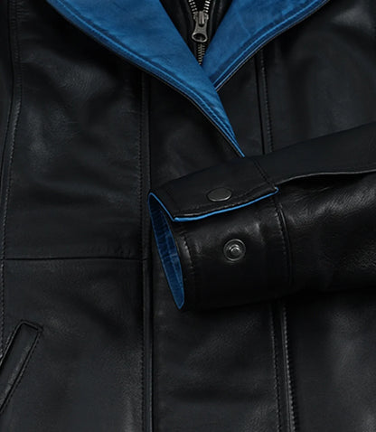 Erin Women's Black Leather Jacket with Blue Inner Lapel