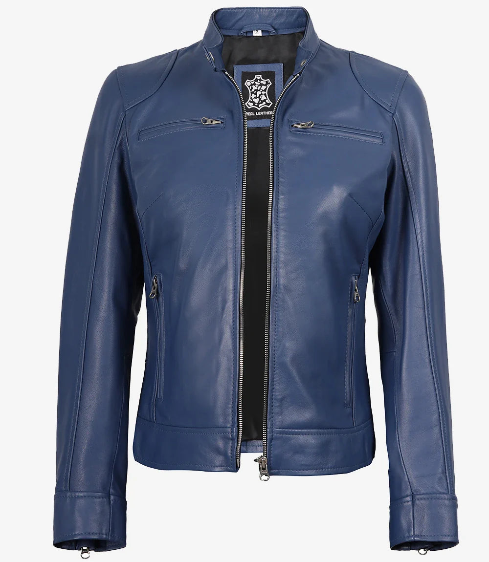 Women's Blue Biker Style Leather Jacket - Modern Fit