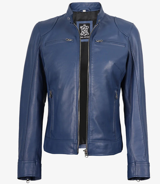 Women's Blue Biker Style Leather Jacket - Modern Fit