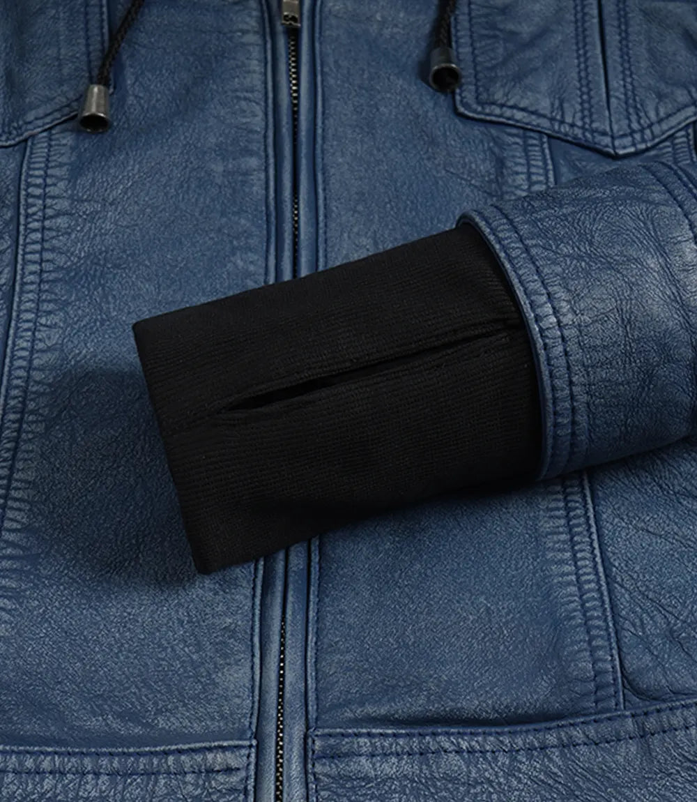 Women's Blue Leather Jacket with Removable Hood - Washed Denim Look