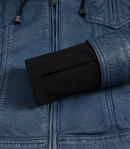 Women's Blue Leather Jacket with Removable Hood - Washed Denim Look