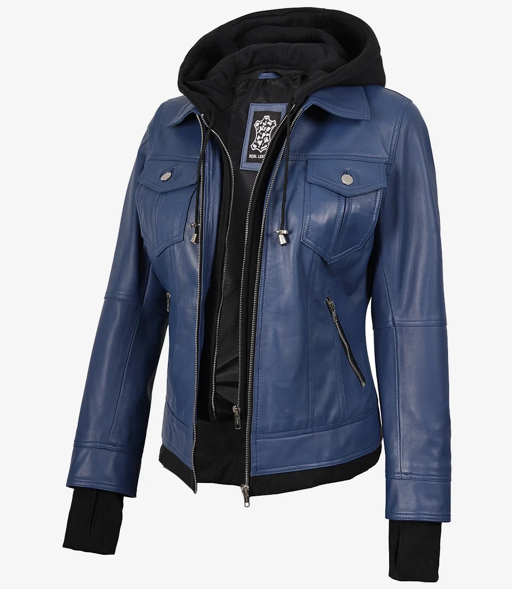 Women's Blue Lambskin Bomber Jacket with Removable Hood
