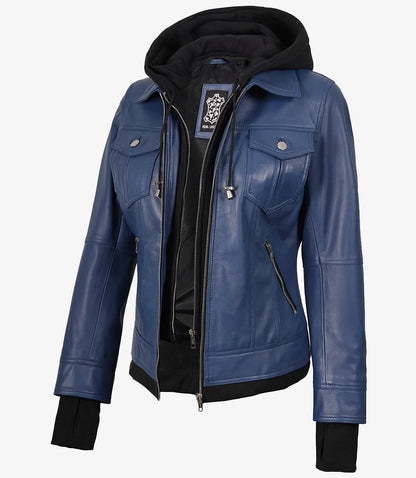 Women's Blue Lambskin Bomber Jacket with Removable Hood