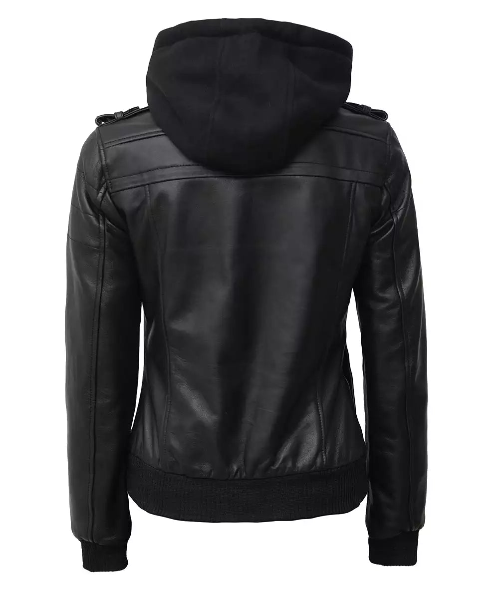 Womens Petite Black Leather Bomber Jacket With Removable Hood