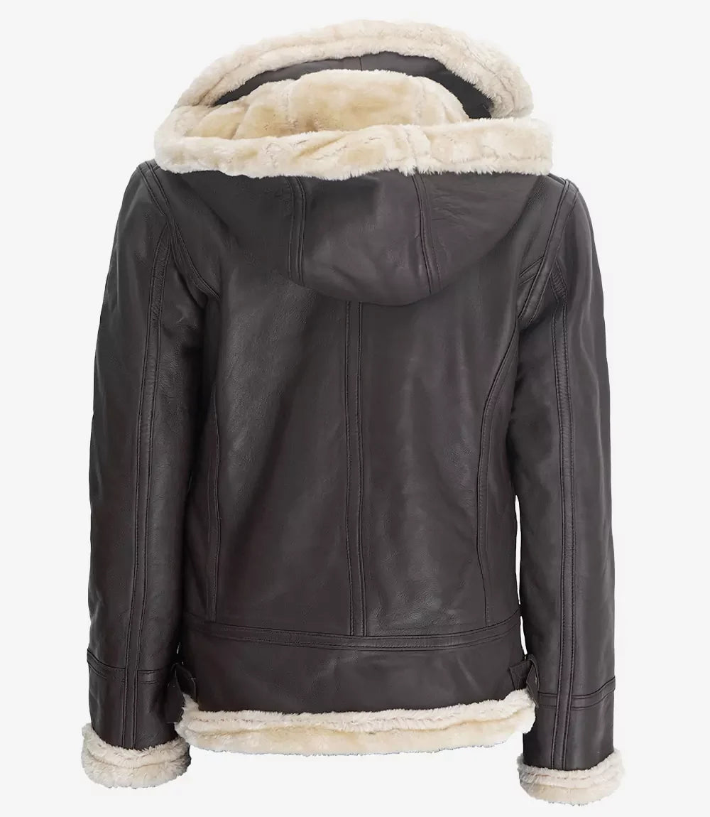 Womens Dark Brown Hooded Shearling Leather Jacket