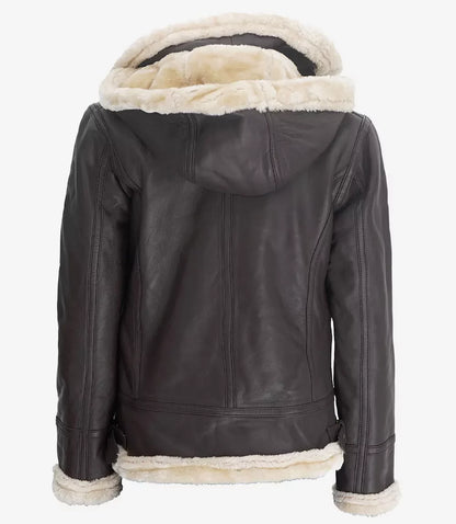 Womens Dark Brown Hooded Shearling Leather Jacket
