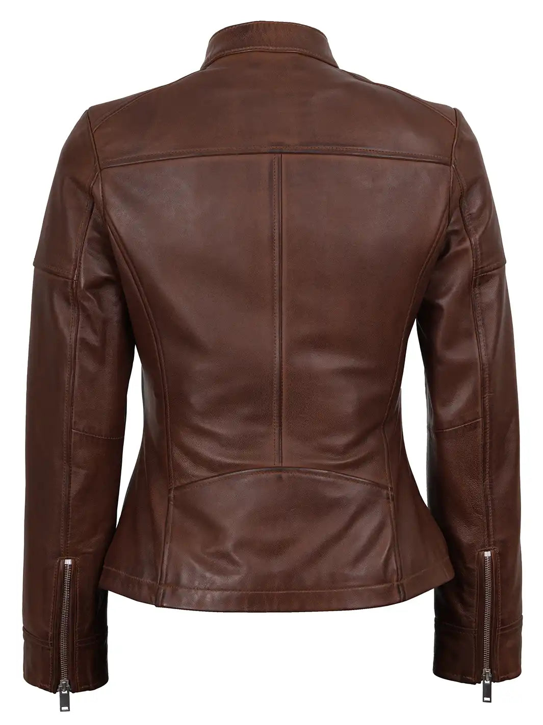 Women Brown Textured Cafe Racer Leather Jacket