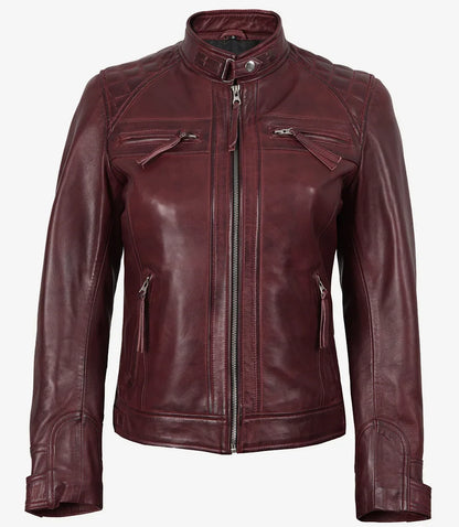 Women's Burgundy Real Lambskin Leather Biker Style Jacket
