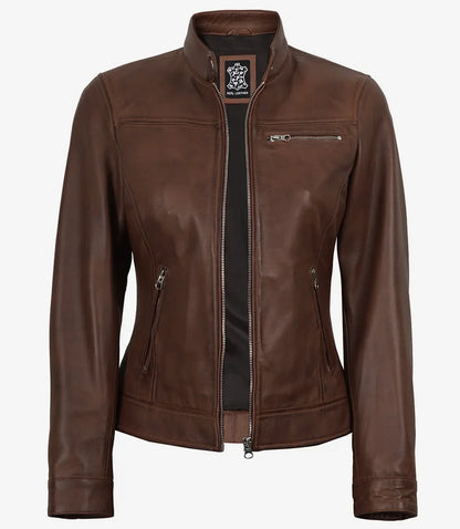 Women's Cognac Wax Cafe Racer Style Leather Jacket
