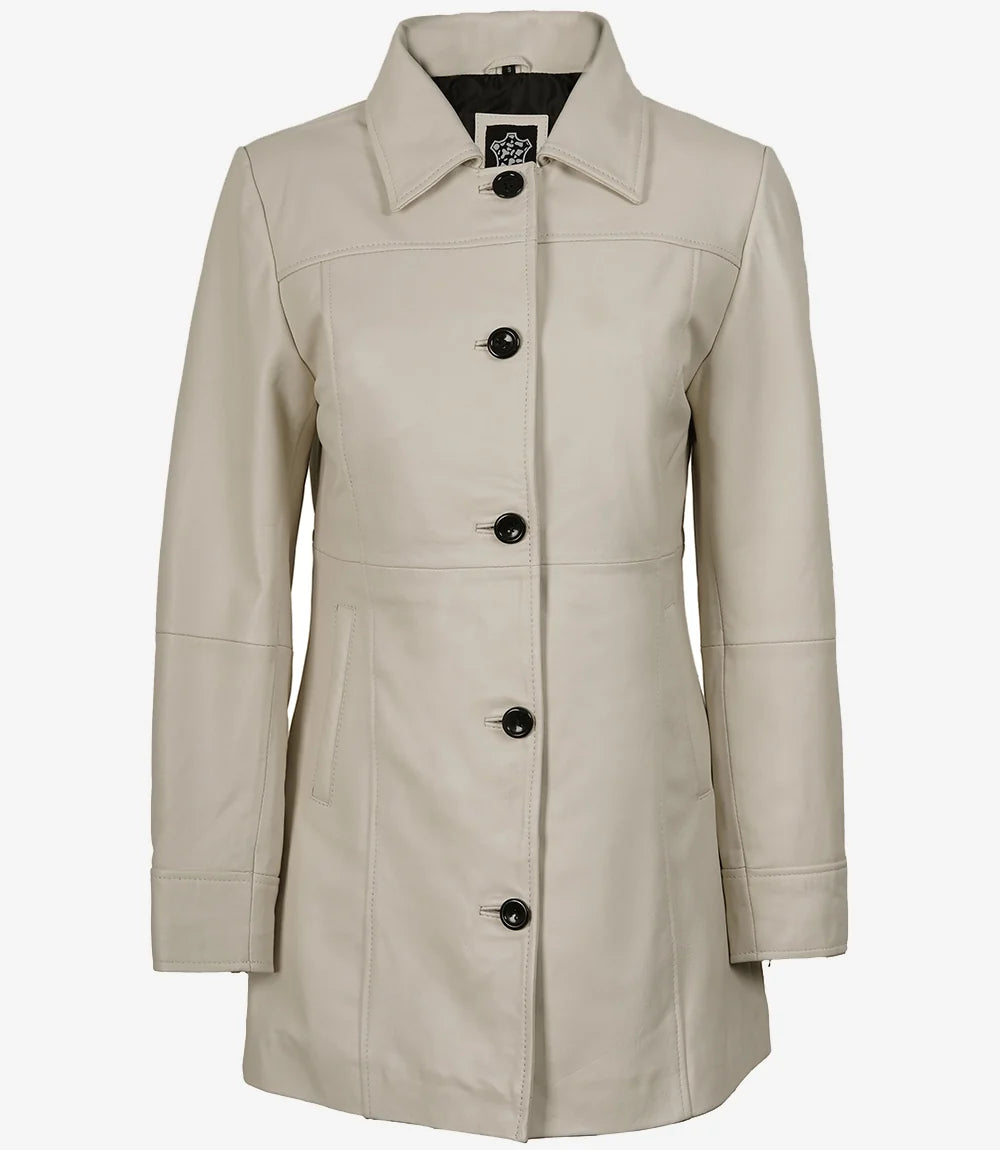 Women's Off-White Lambskin 3/4 Length Car Coat