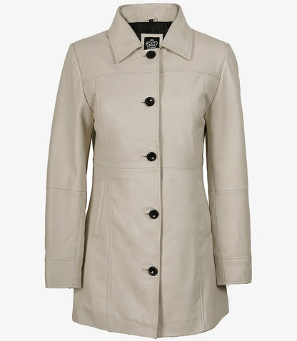 Women's Off-White Lambskin 3/4 Length Car Coat