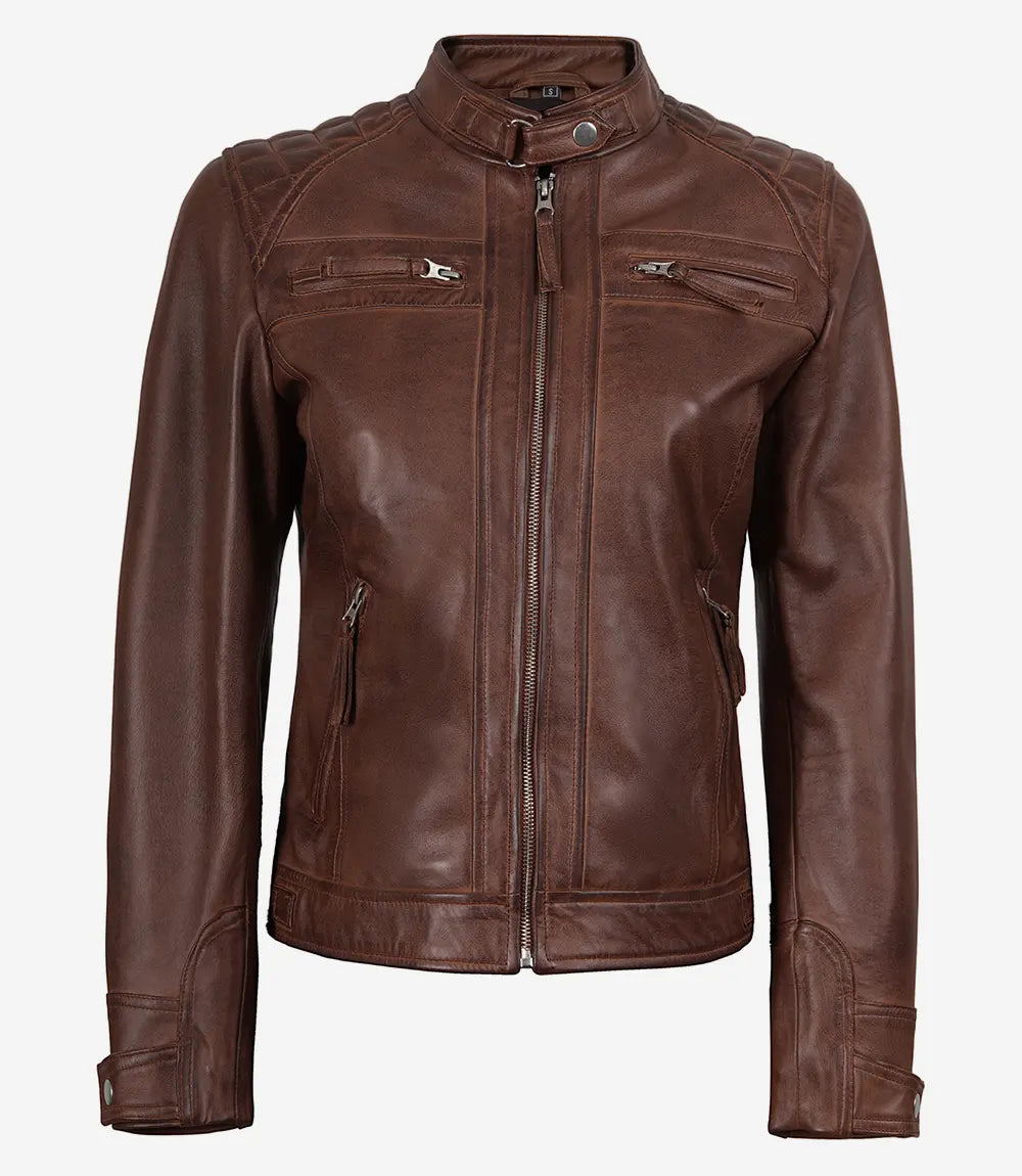 Womens Cognac Leather Biker Style Jacket - Quilted Shoulder
