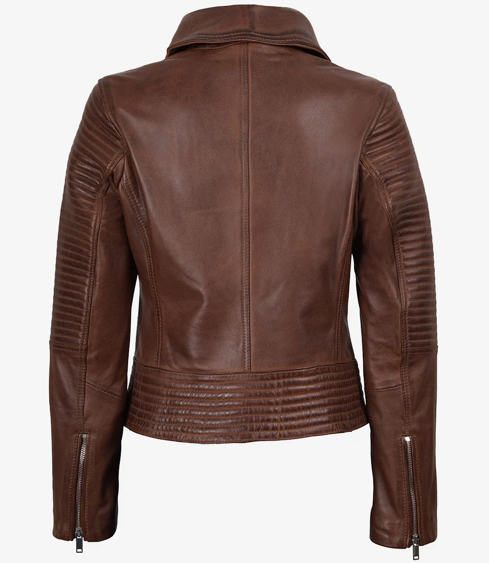 Women's Asymmetrical Cognac Leather Biker Style Jacket