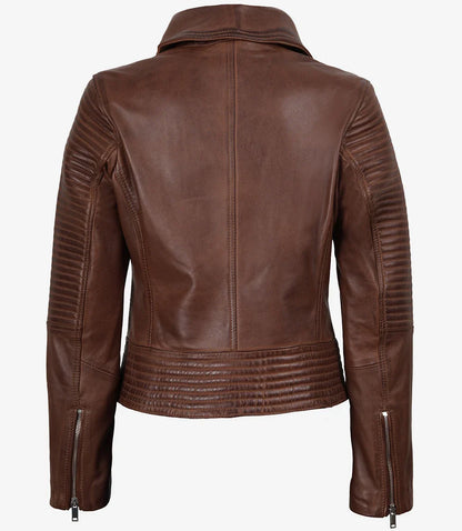 Women's Asymmetrical Cognac Leather Biker Style Jacket
