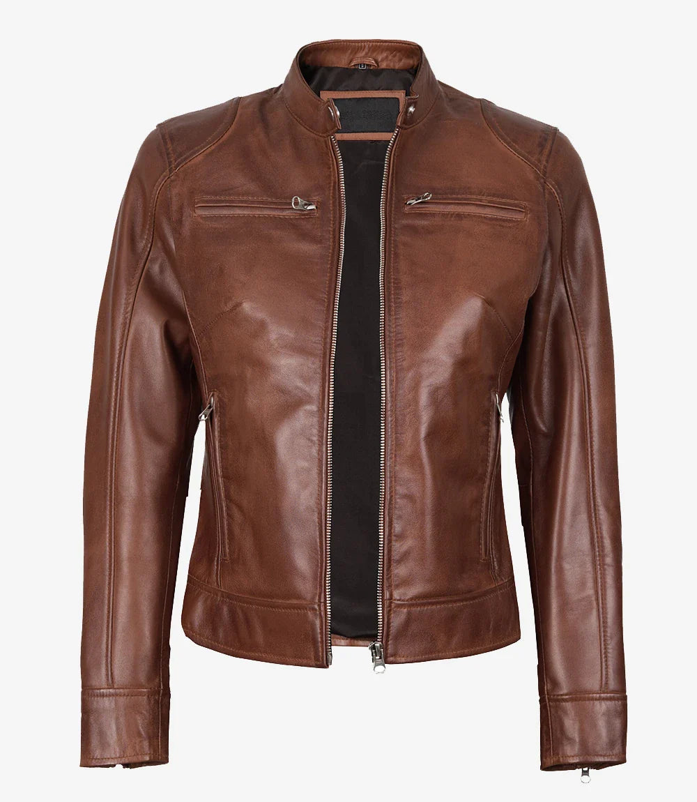 Women's Cognac Waxed Real Leather Biker Style Jacket