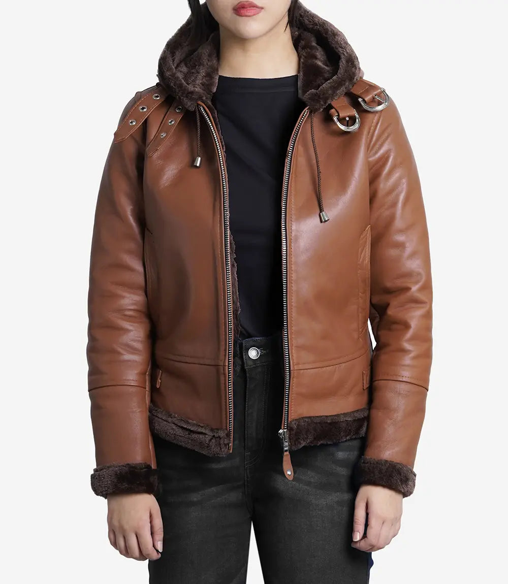 Women's Cognac Aviator Leather Jacket With Hood Max Jackets