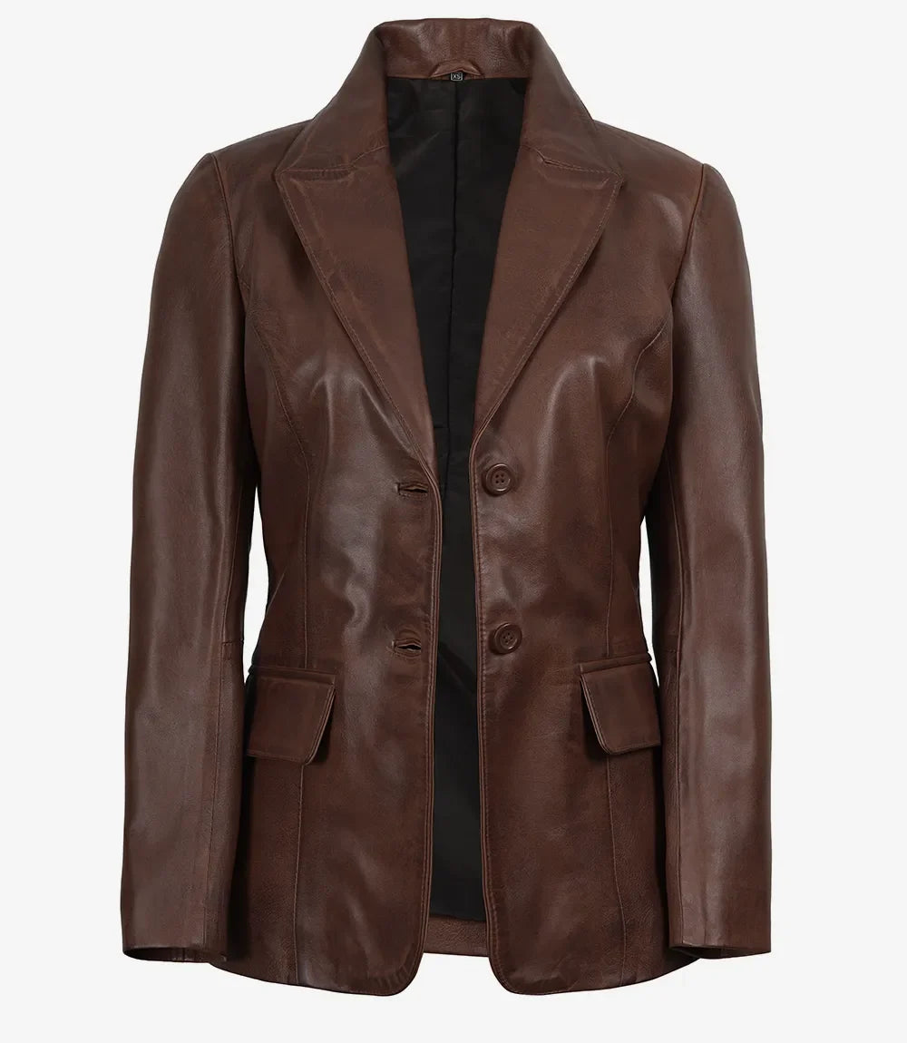 Women's Cognac Wax Lambskin Two-Button Blazer