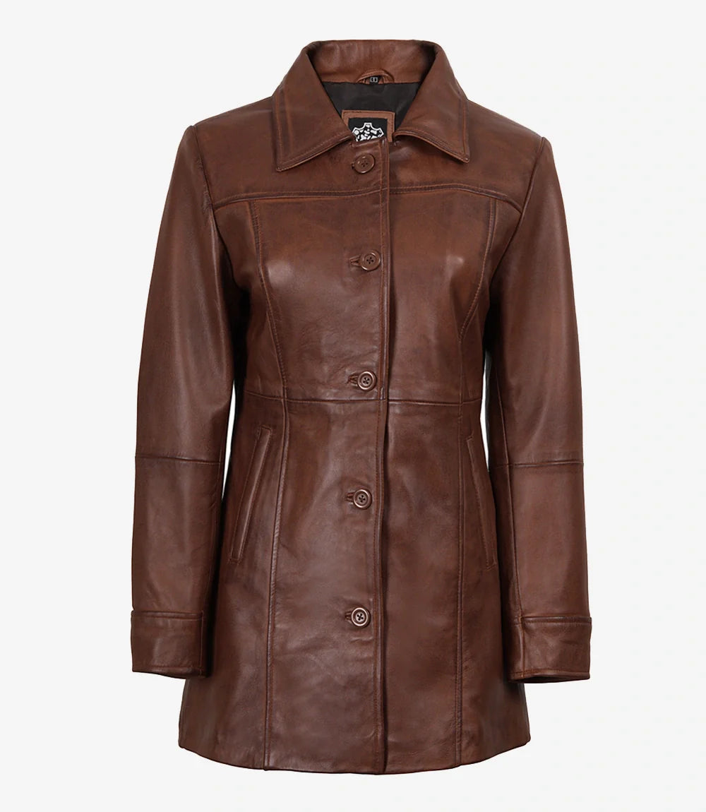 Women's Petite Brown Wax Real Leather Car Coat
