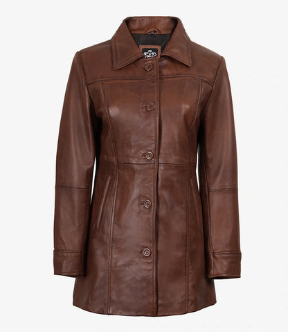 Women's Petite Brown Wax Real Leather Car Coat
