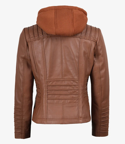 Helen Womens Cognac Leather Jacket with Removable Hood