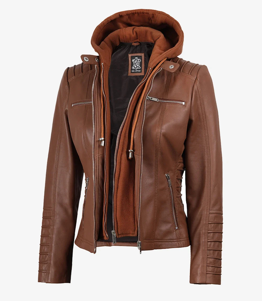 Helen Womens Cognac Leather Jacket with Removable Hood