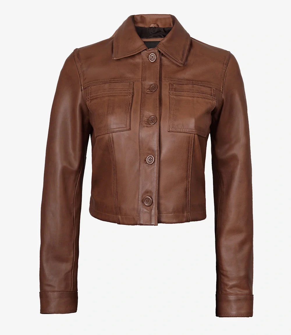Womens Cropped Cognac Leather Jacket