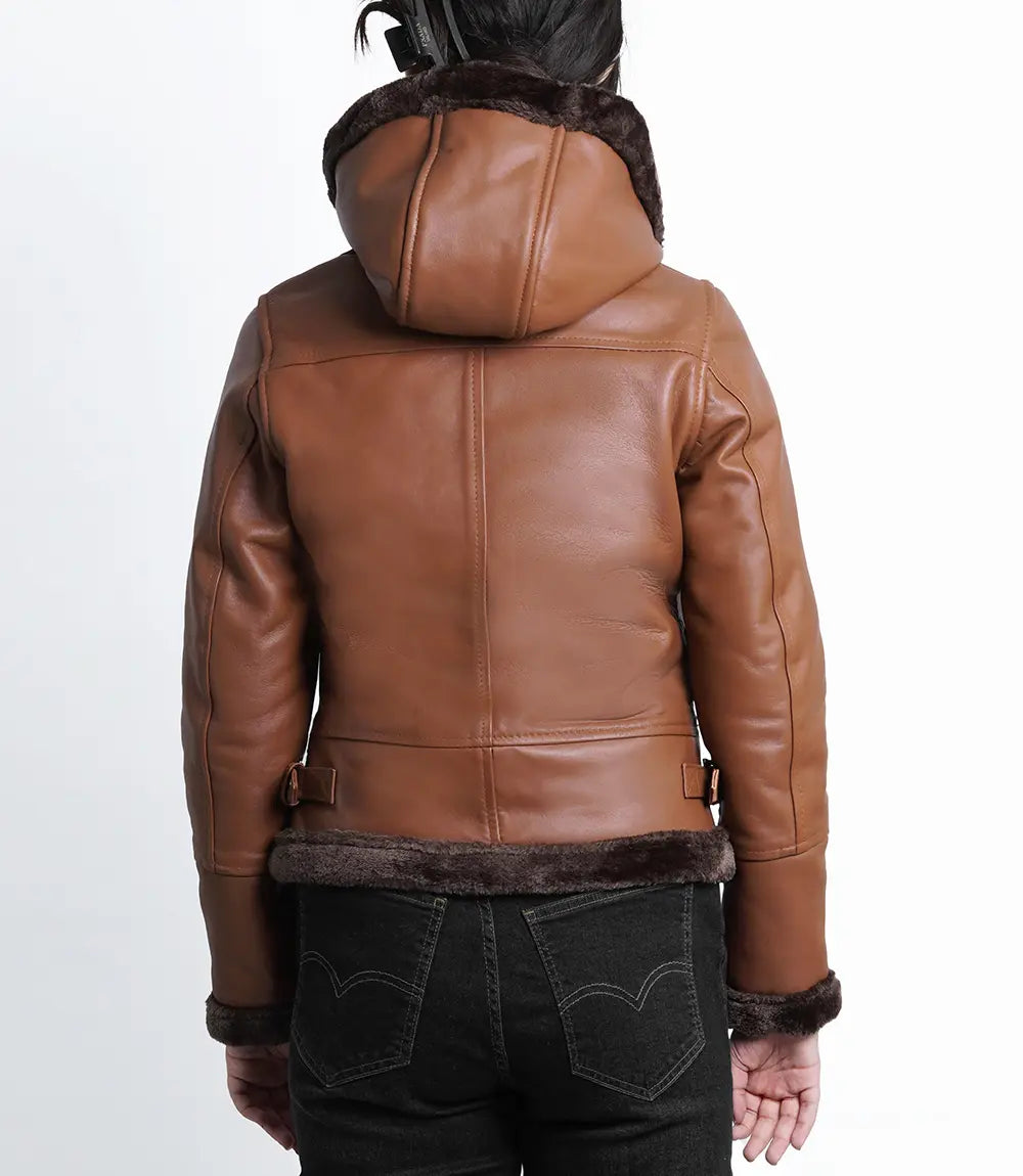 Women's Cognac Aviator Leather Jacket With Hood Max Jackets