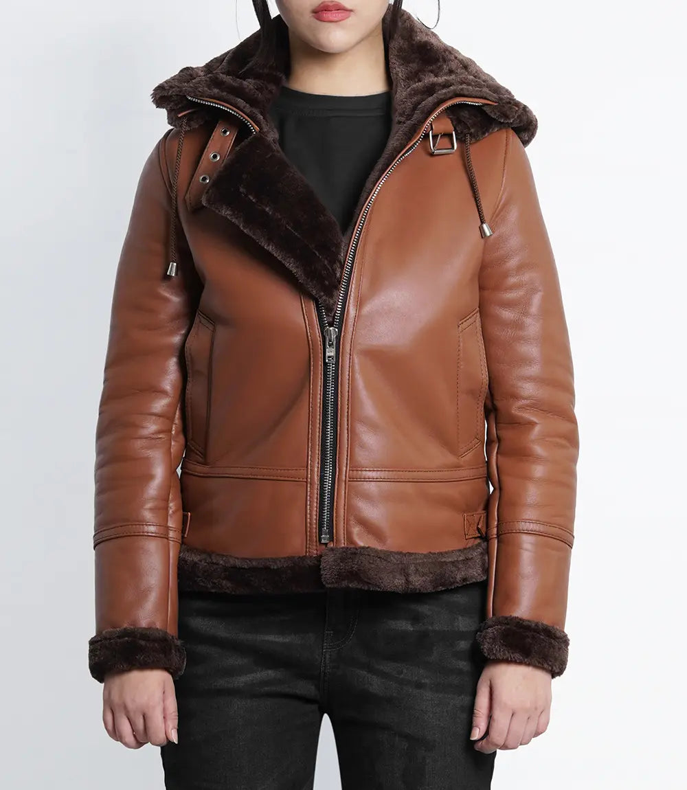 Women's Cognac B3 Bomber Shearling Leather Jacket Max Jackets