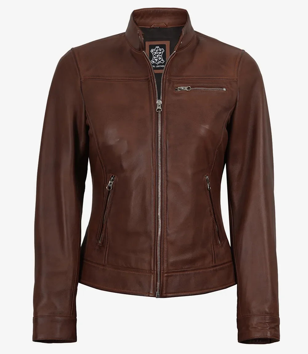 Women's Cognac Wax Cafe Racer Style Leather Jacket