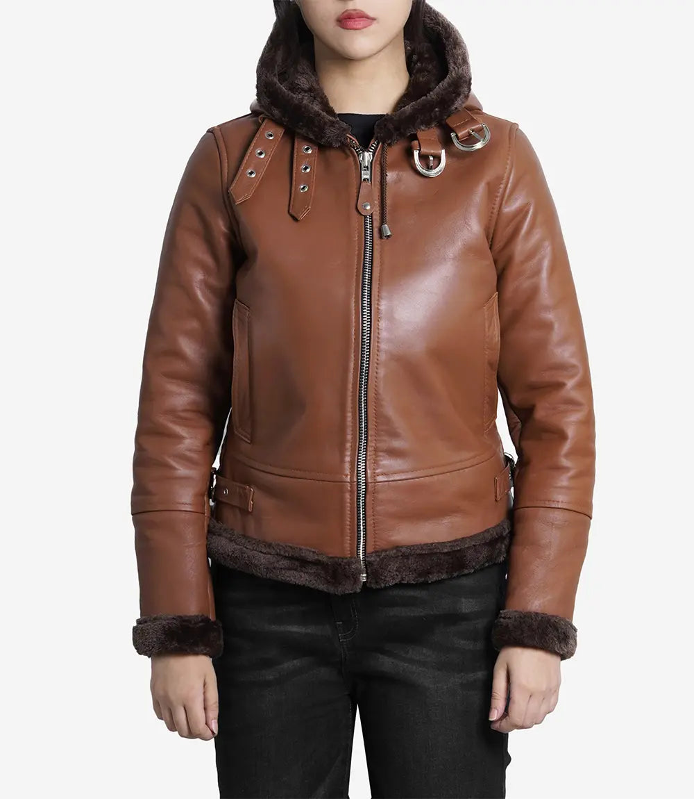 Women's Cognac Aviator Leather Jacket With Hood Max Jackets